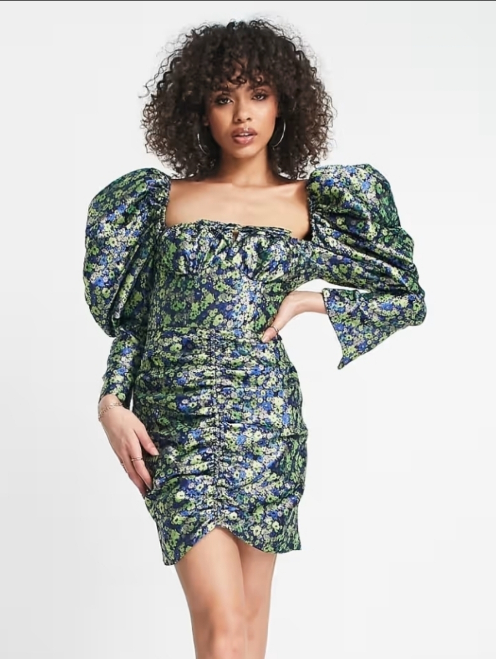 ASOS LUXE Ditsy Floral Jacquard Puff Sleeve Dress 4